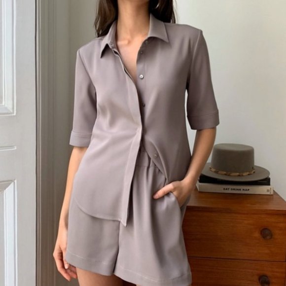 Aritzia Babaton Bello Button-up Blouse in Taupe - Picture 1 of 7